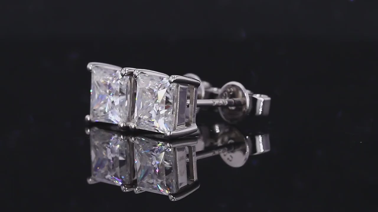 Platinum princess cut moissanite stud earrings